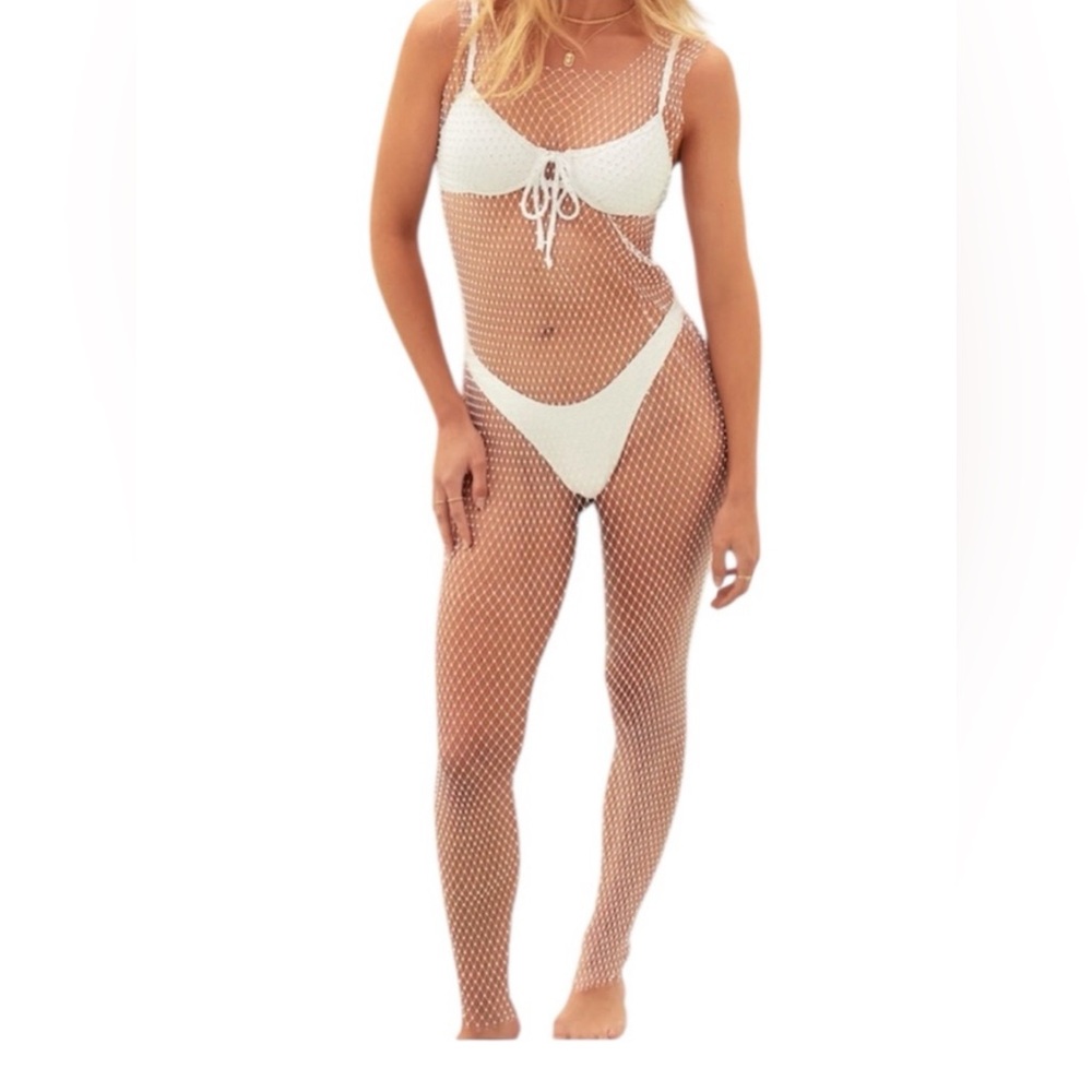 Lulus Sunlight Sparkle White Fishnet Sheer Rhinestone Maxi Swim‎ Cover-Up - XS